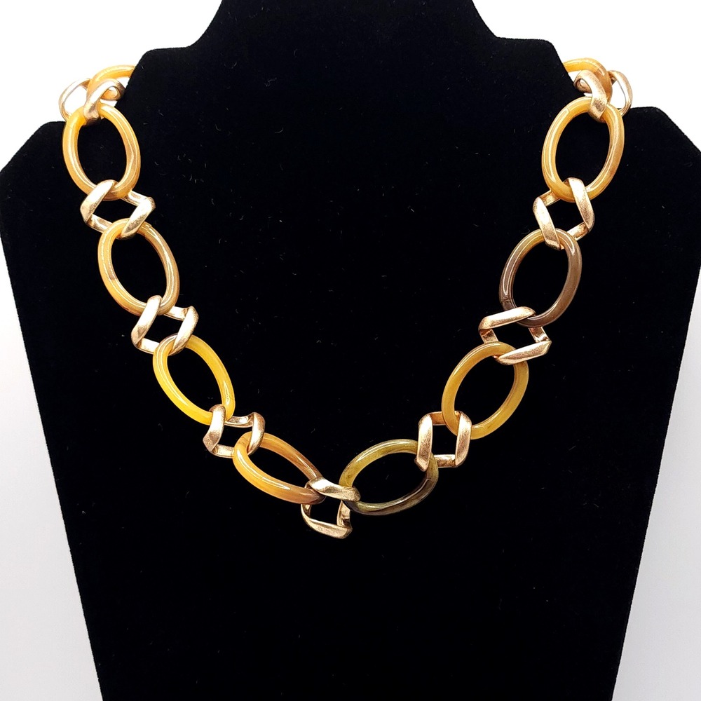 Talbots Vintage Butterscotch Lucite Necklace Gold Tone Oval Links Statement 18"